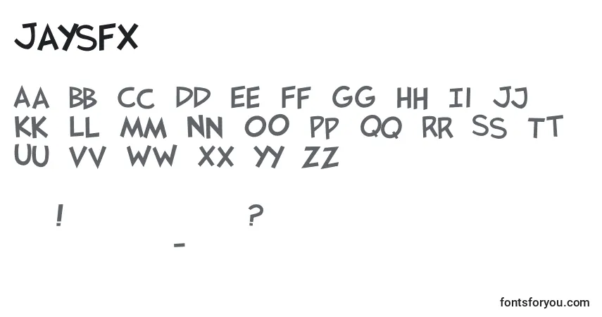 A fonte Jaysfx – alfabeto, números, caracteres especiais