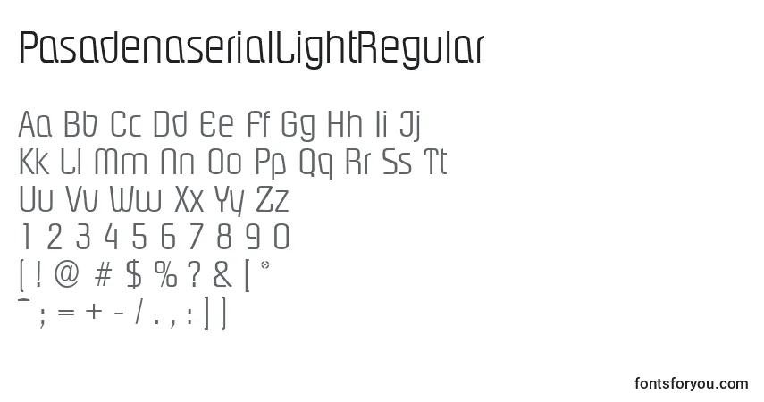 Czcionka PasadenaserialLightRegular – alfabet, cyfry, specjalne znaki