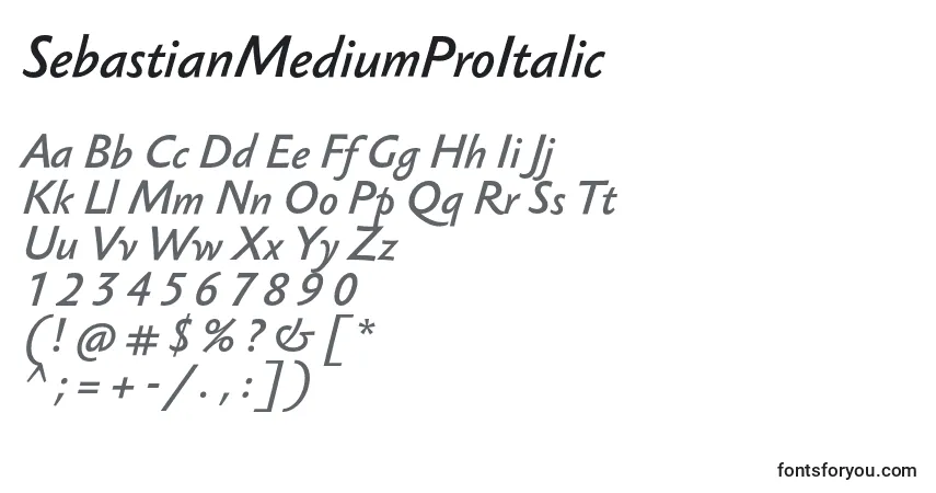 Шрифт SebastianMediumProItalic – алфавит, цифры, специальные символы