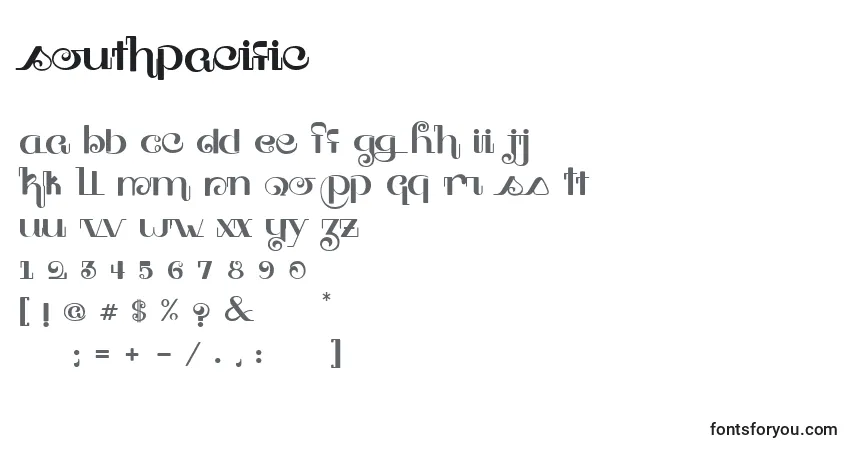 Czcionka Southpacific – alfabet, cyfry, specjalne znaki