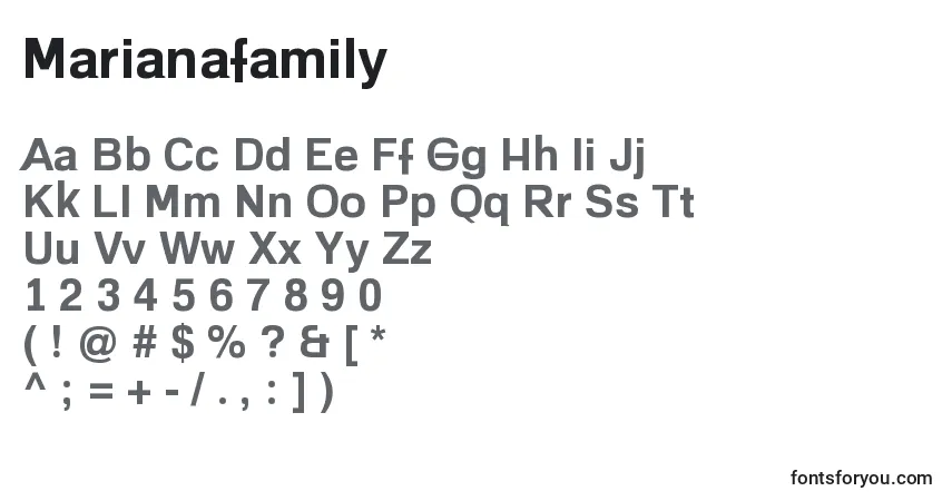 Schriftart Marianafamily – Alphabet, Zahlen, spezielle Symbole