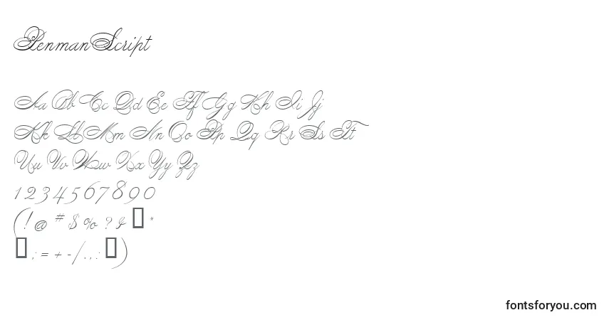 Czcionka PenmanScript – alfabet, cyfry, specjalne znaki