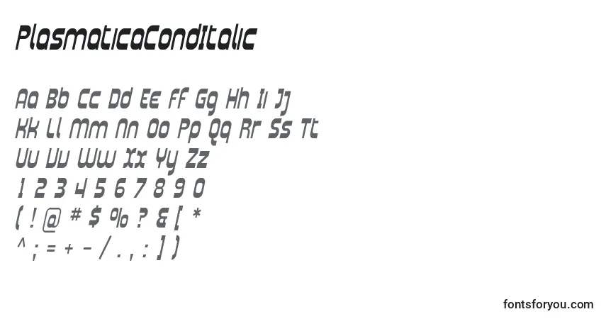 A fonte PlasmaticaCondItalic – alfabeto, números, caracteres especiais