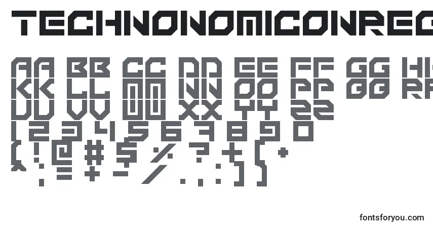 Czcionka TechnonomiconRegular – alfabet, cyfry, specjalne znaki