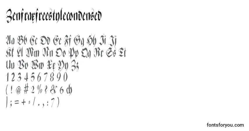 A fonte Zenfraxfreestylecondensed – alfabeto, números, caracteres especiais