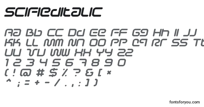 Schriftart SciFiedItalic – Alphabet, Zahlen, spezielle Symbole