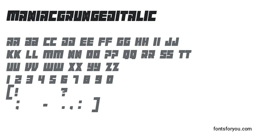 A fonte ManiacgrungedItalic – alfabeto, números, caracteres especiais