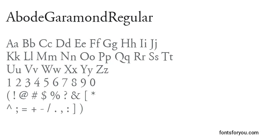 Schriftart AbodeGaramondRegular – Alphabet, Zahlen, spezielle Symbole