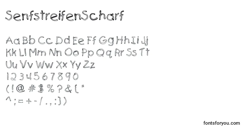 A fonte SenfstreifenScharf – alfabeto, números, caracteres especiais