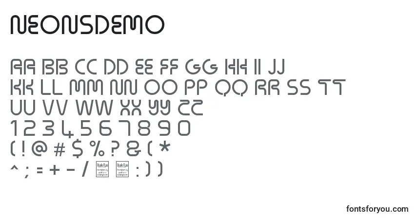 Шрифт NeonsDemo – алфавит, цифры, специальные символы