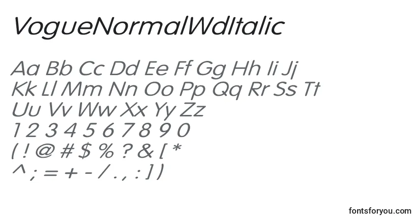 Шрифт VogueNormalWdItalic – алфавит, цифры, специальные символы