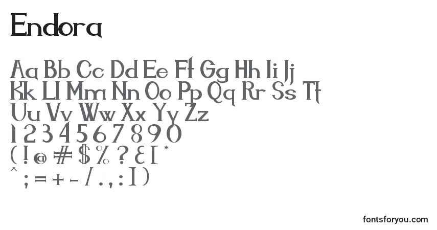 Schriftart Endora (115957) – Alphabet, Zahlen, spezielle Symbole