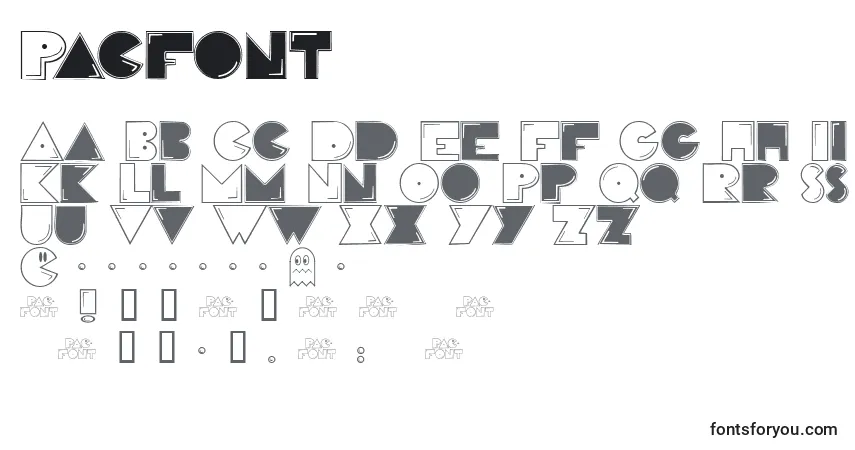 Czcionka Pacfont – alfabet, cyfry, specjalne znaki