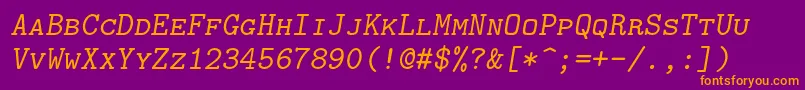 Lmmonocaps10Oblique-Schriftart – Orangefarbene Schriften auf violettem Hintergrund