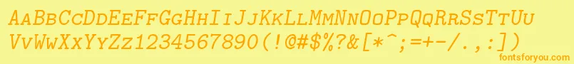 Lmmonocaps10Oblique-Schriftart – Orangefarbene Schriften auf gelbem Hintergrund