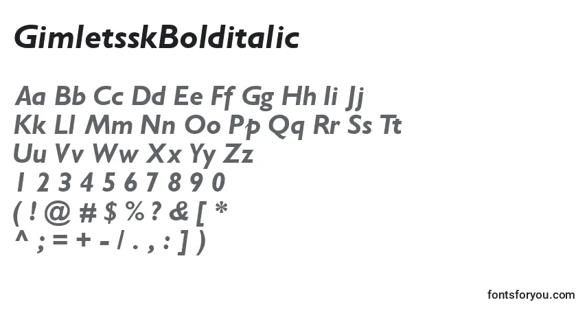 Czcionka GimletsskBolditalic – alfabet, cyfry, specjalne znaki