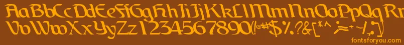 フォントBrainchildfontRegularTtcon – オレンジ色の文字が茶色の背景にあります。