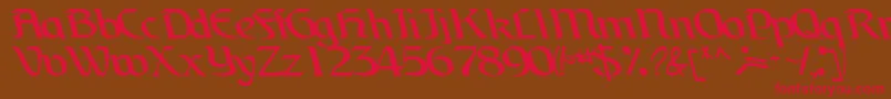 フォントBrainchildfontRegularTtcon – 赤い文字が茶色の背景にあります。