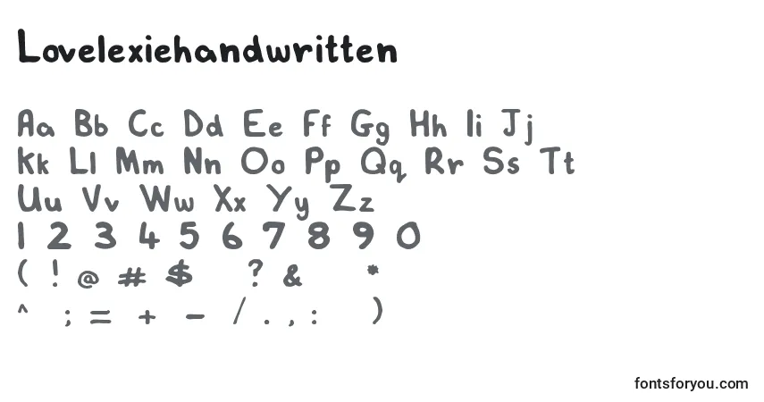 A fonte Lovelexiehandwritten – alfabeto, números, caracteres especiais
