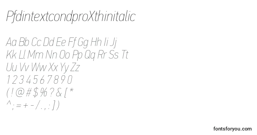 Czcionka PfdintextcondproXthinitalic – alfabet, cyfry, specjalne znaki