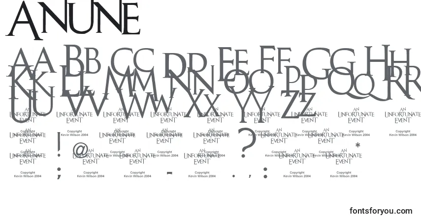 Schriftart Anune – Alphabet, Zahlen, spezielle Symbole
