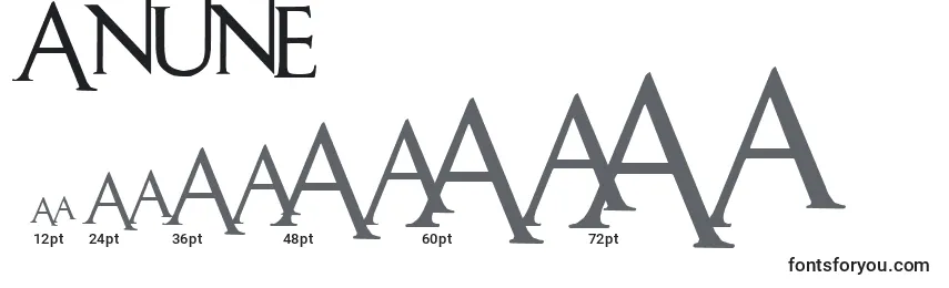 Размеры шрифта Anune