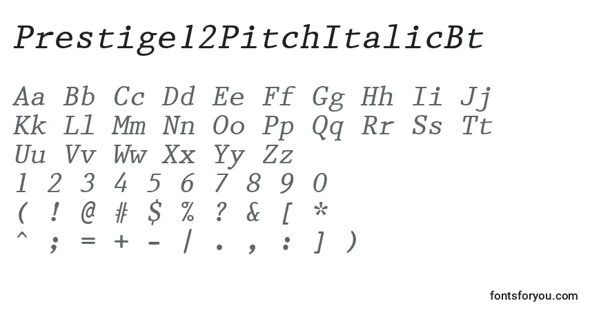 Czcionka Prestige12PitchItalicBt – alfabet, cyfry, specjalne znaki