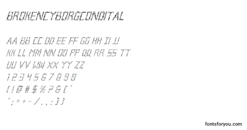 Schriftart Brokencyborgcondital – Alphabet, Zahlen, spezielle Symbole