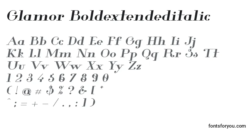 Шрифт Glamor Boldextendeditalic – алфавит, цифры, специальные символы