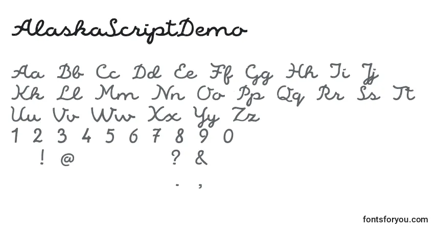 Czcionka AlaskaScriptDemo – alfabet, cyfry, specjalne znaki