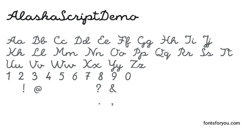 A fonte AlaskaScriptDemo – alfabeto, números, caracteres especiais