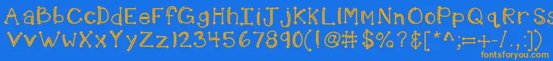 フォントKbshotinthedark – オレンジ色の文字が青い背景にあります。