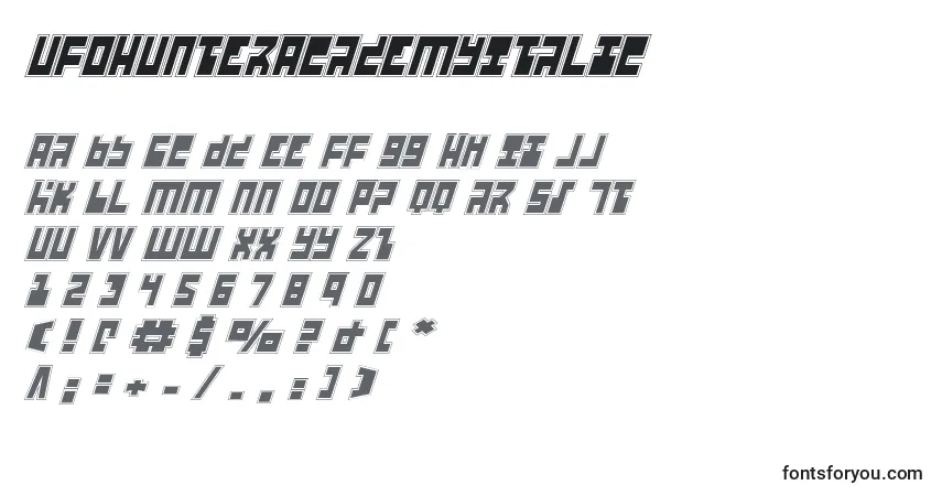 Czcionka UfoHunterAcademyItalic – alfabet, cyfry, specjalne znaki