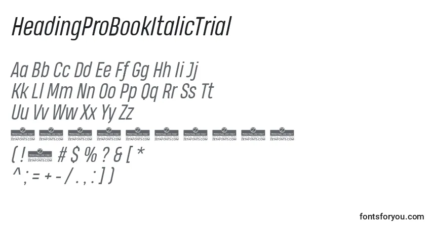 A fonte HeadingProBookItalicTrial – alfabeto, números, caracteres especiais