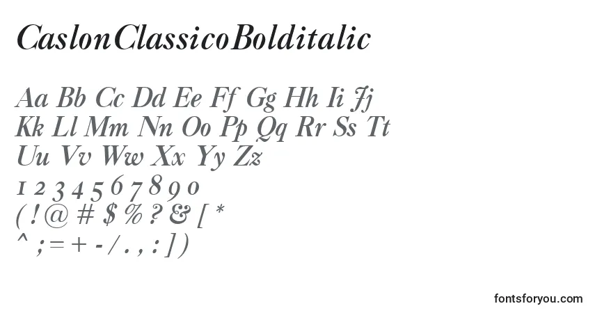 A fonte CaslonClassicoBolditalic – alfabeto, números, caracteres especiais
