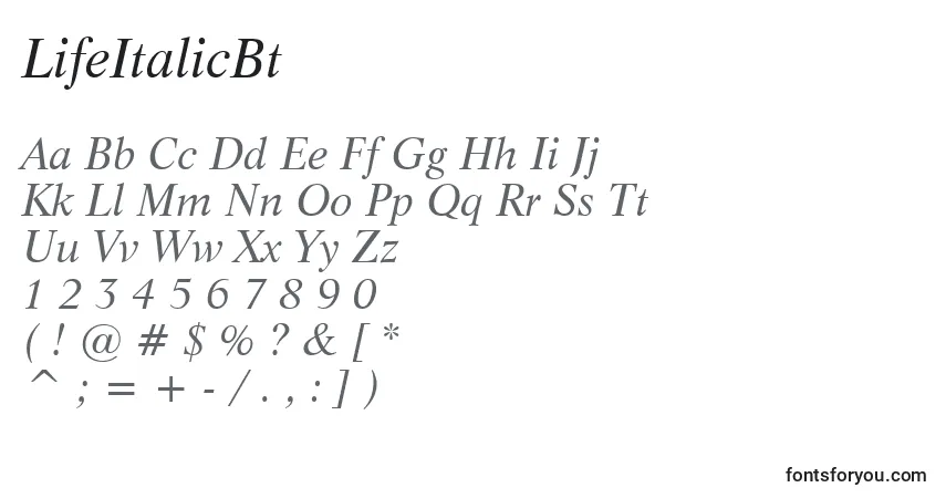 Шрифт LifeItalicBt – алфавит, цифры, специальные символы