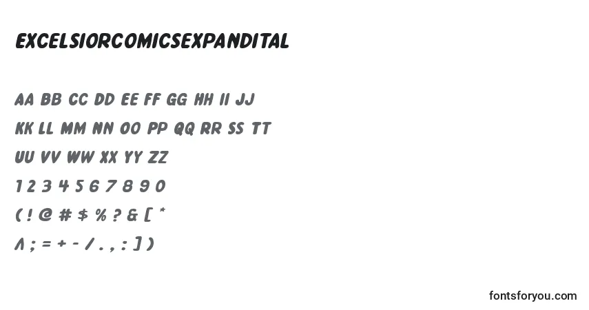 Czcionka Excelsiorcomicsexpandital – alfabet, cyfry, specjalne znaki