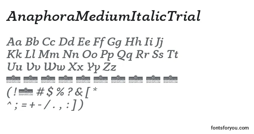 A fonte AnaphoraMediumItalicTrial – alfabeto, números, caracteres especiais