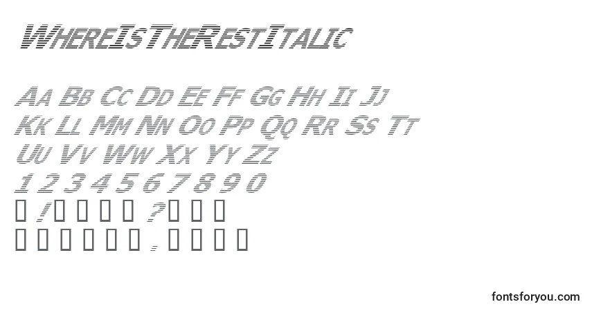 Czcionka WhereIsTheRestItalic – alfabet, cyfry, specjalne znaki