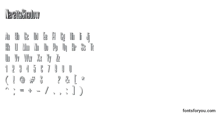 A fonte NerettaShadow – alfabeto, números, caracteres especiais