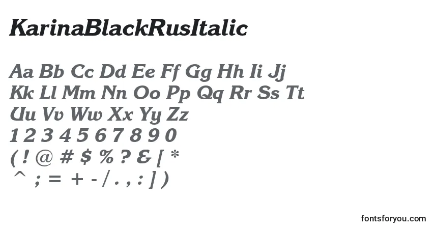 A fonte KarinaBlackRusItalic – alfabeto, números, caracteres especiais
