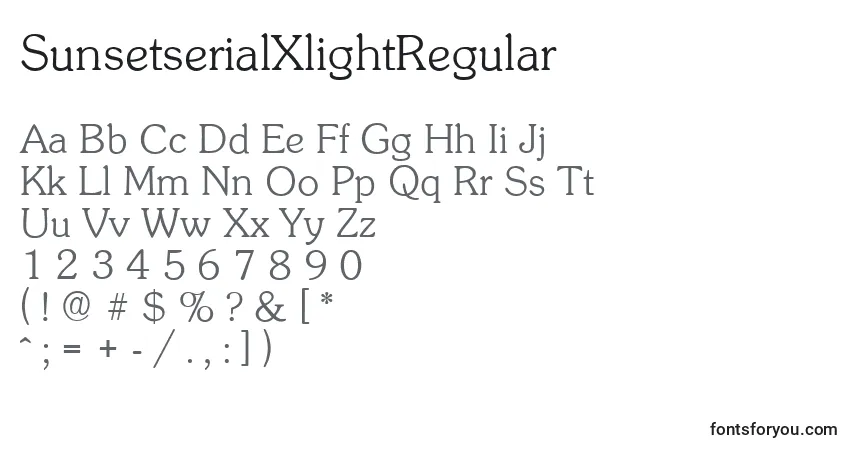 Czcionka SunsetserialXlightRegular – alfabet, cyfry, specjalne znaki