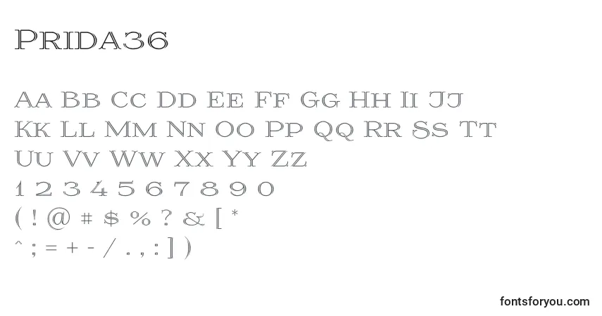 Prida36-fontti – aakkoset, numerot, erikoismerkit