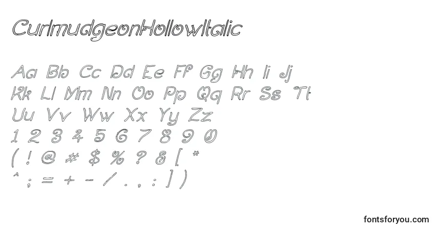Czcionka CurlmudgeonHollowItalic – alfabet, cyfry, specjalne znaki