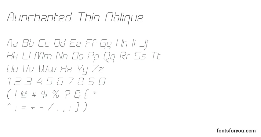 Schriftart Aunchanted Thin Oblique – Alphabet, Zahlen, spezielle Symbole