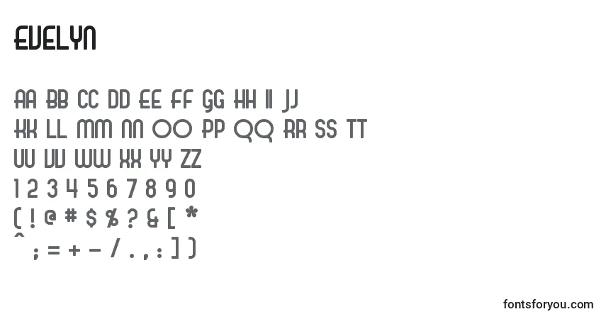 A fonte Evelyn – alfabeto, números, caracteres especiais