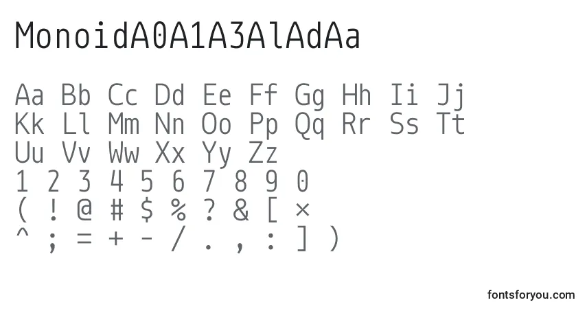 A fonte MonoidA0A1A3AlAdAa – alfabeto, números, caracteres especiais