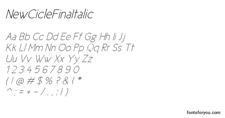 Schriftart NewCicleFinaItalic – Alphabet, Zahlen, spezielle Symbole