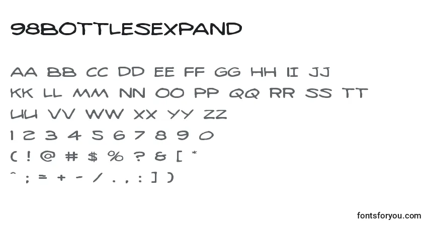 Czcionka 98bottlesexpand – alfabet, cyfry, specjalne znaki