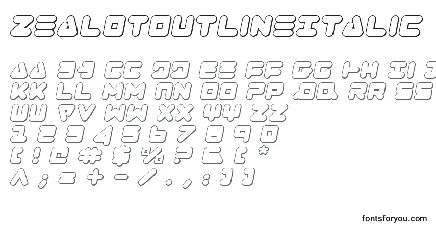 Schriftart ZealotOutlineItalic – Alphabet, Zahlen, spezielle Symbole